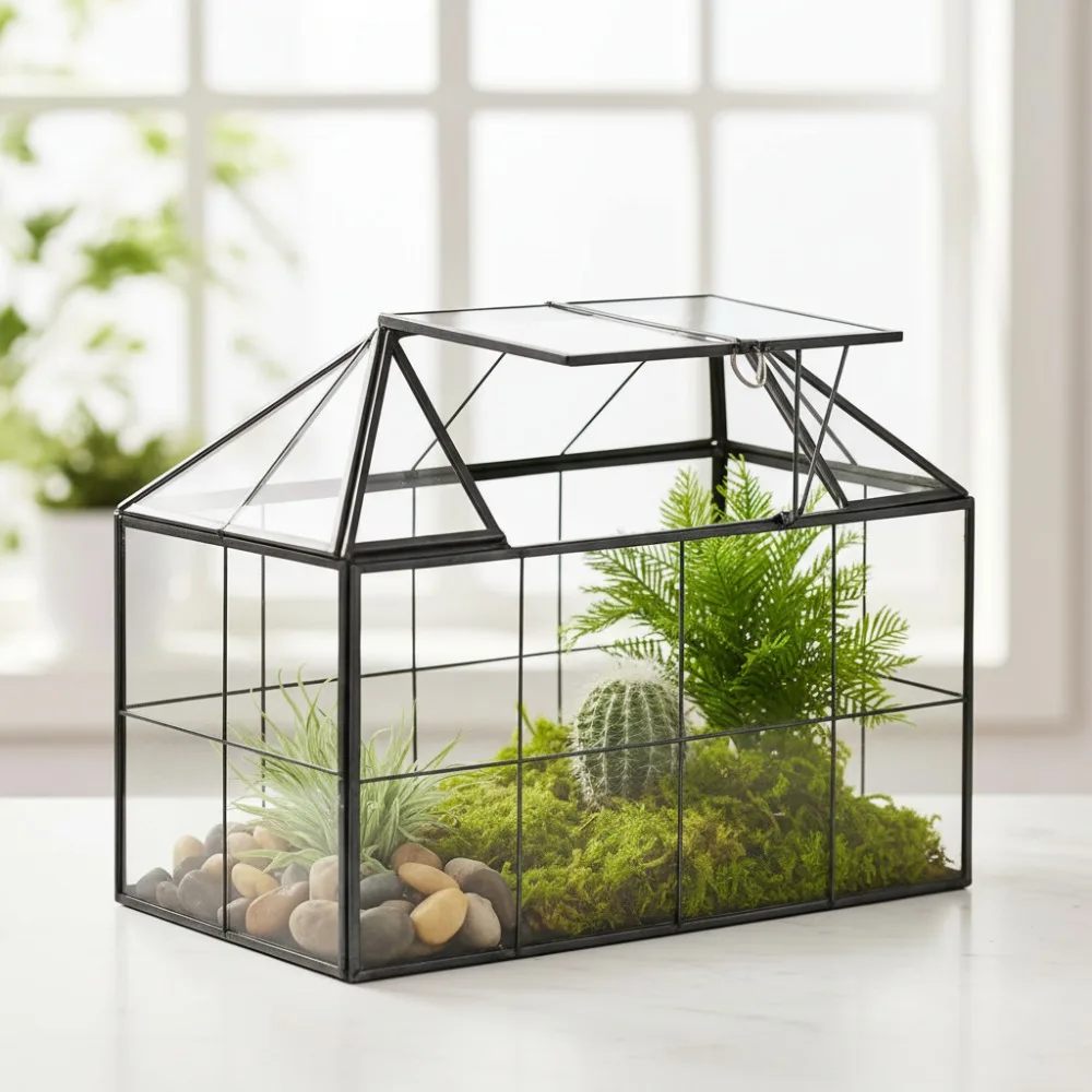 تررم زجاجي هندسي مع غطاء متأرجح - زارع على شكل منزل للعصارة والصبار والنباتات الهوائية