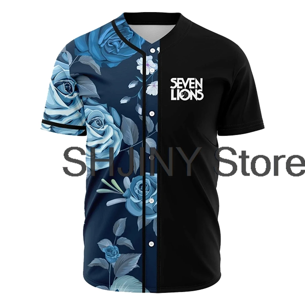 Seven lions Blue Baseball Jersey V-Neck Short Sleeve Button-up Shirts Women Men Streetwear Hip Hop Clothes