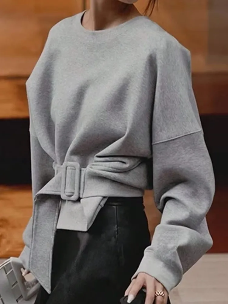 

Beautyblue Gray Sweatshirts Female Hoodies Tops 2025 New Fashion Belt Buckle Round-Neck Long Sleeves Hoodies Women's Pullovers
