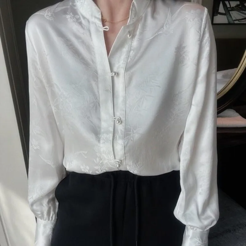 QWEEK-camisa blanca de estilo chino Vintage para oficina, Blusa de manga larga de estilo coreano, minimalista, de lujo, color sólido, ropa de otoño