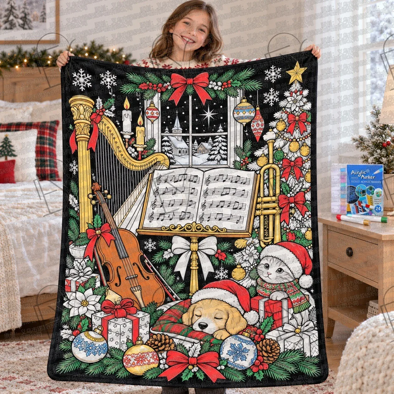 Flannel Blanket Fleece Retro Violin Music Score Sheet Sleeping Dog Cat Holiday Craft Blanket Pen Set