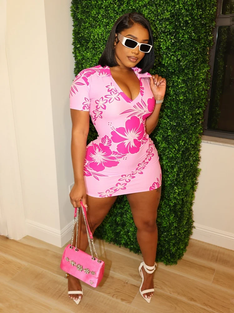 

Sister Star Summer Women's Fashion Polo Collar Floral Print Dress Sweet Wind Lapel Waist Thin Vacation Eye-catching Short Skirt