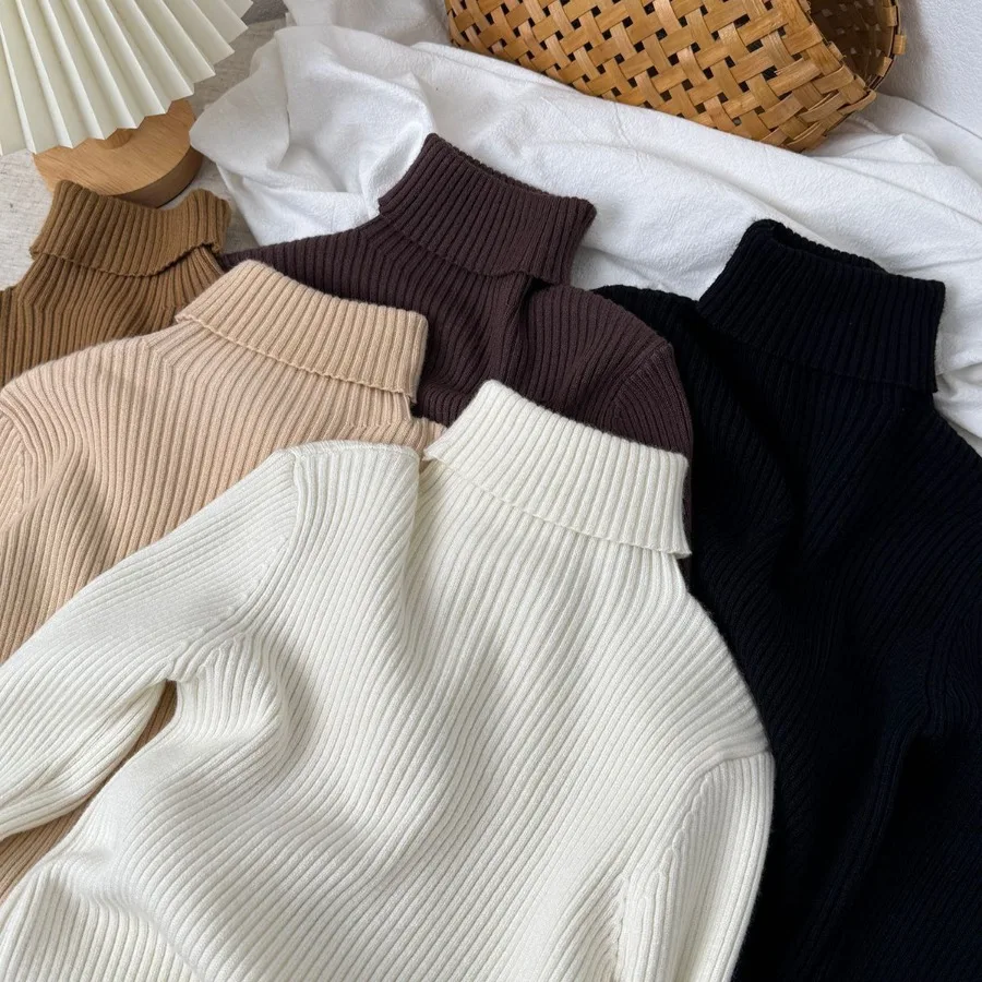 Kids Turtle Neck Sweater Winter Warm Soft Knitted Solid Color Basic Slim Fit Pullover Chic Children's Clothing Baby Boy Girl Top