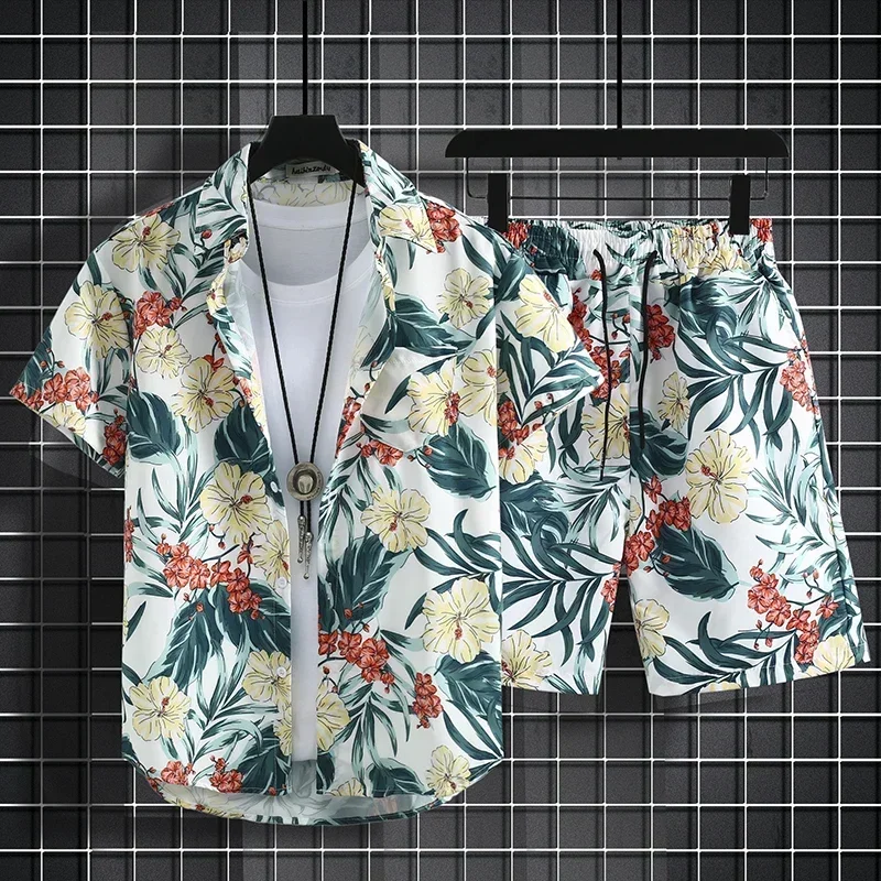 Summer Short Sleeve Flower Shirt Men\'s Beach Sets Hawaiian Island Style Retro Handsome Casual Thin Shirt Hawaiian Shirt