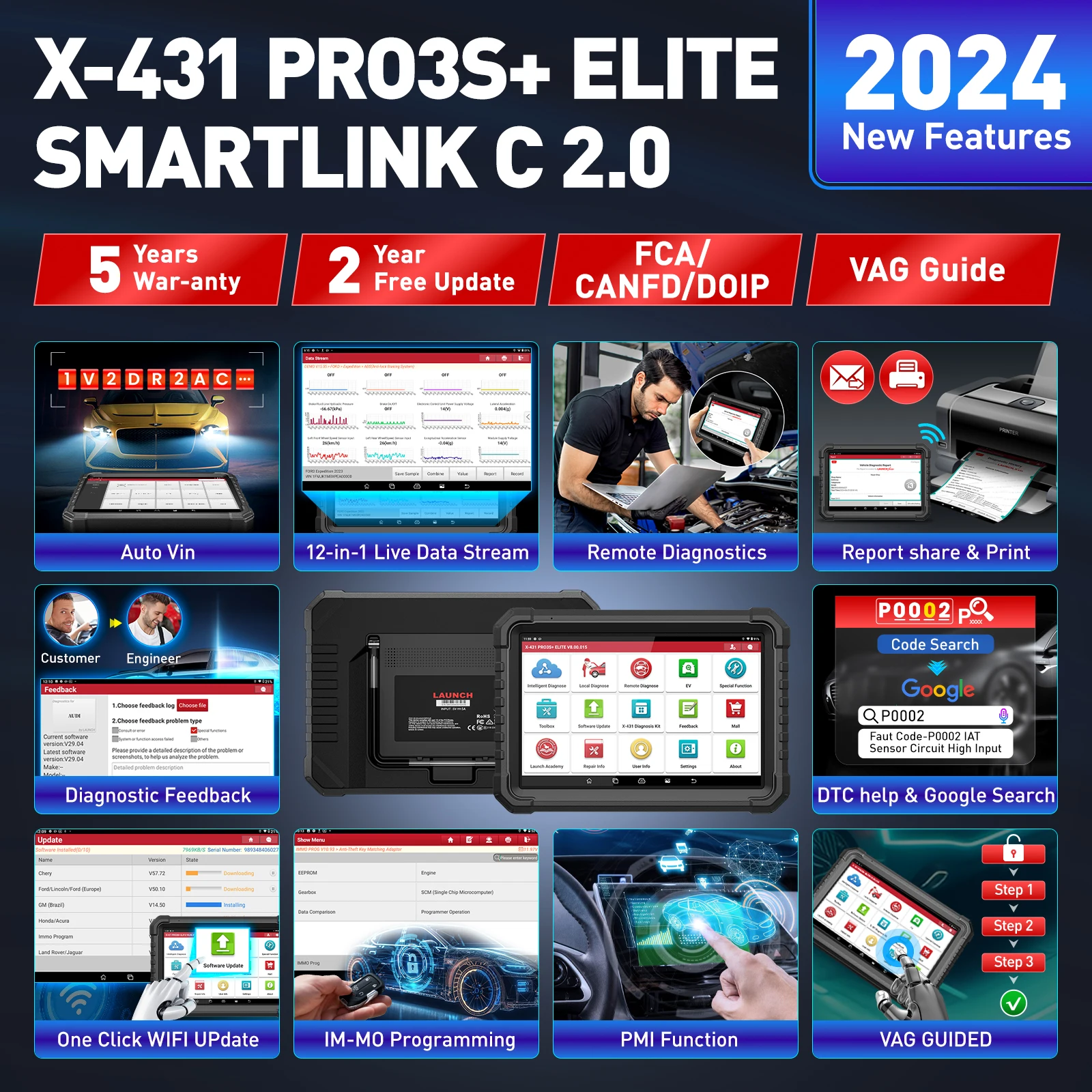 LAUNCH X431 PRO3S+ELITE Auto Car Scanner Pro3s+ Diagnose Tool Scan Diagnostic 37+ Resets Active Test ECU Coding J2534 Program