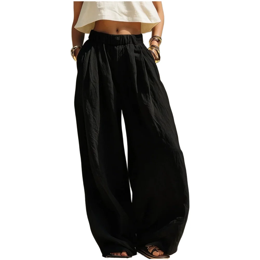 Womens High Waist Loose Casual Pants Polyester Spandex Solid Color Summer