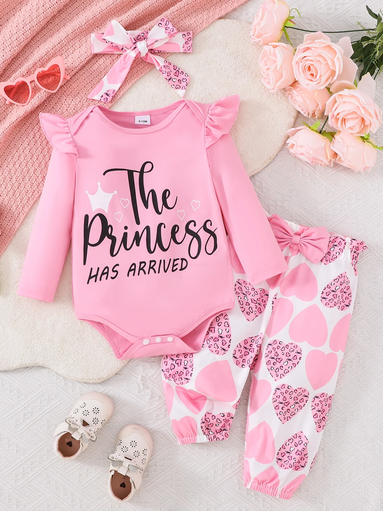 Girls Spring Autumn Casual Long Sleeve Letter Print Pink Triangle Romper Full Print Long Pants Headscarf Set