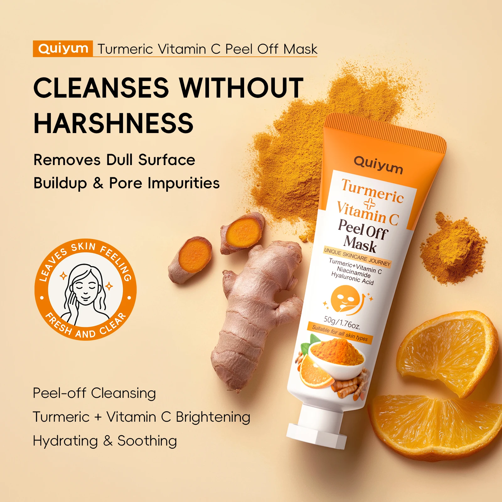 Quiyum Turmeric Vitamin C Peel Off Mask 50g Gentle Cleansing Radiant‑Glow Soft‑Smoothing Niacinamide Peel‑Off Facial Mask