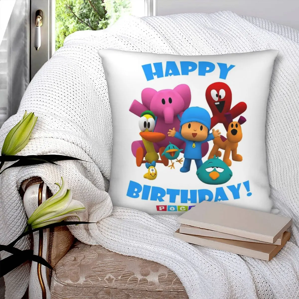 Happy Birthday Boy-Girl-Pocoyo! Square Pillowcase Polyester Pillow Cover Velvet Cushion Zip Decorative Comfort Throw Pillow Home