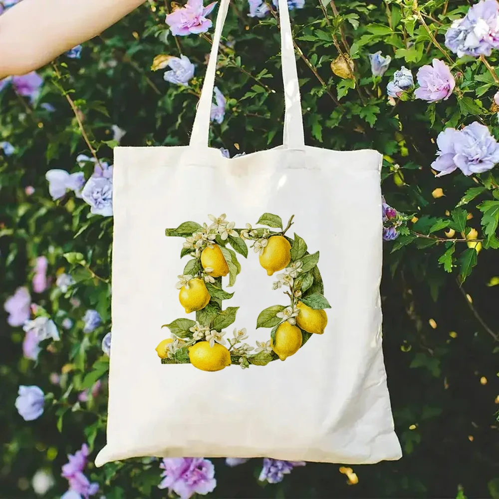

Aesthetic Yellow Lemon Canvas Tote Bags for Women Cottagecore Alphabet Print Large Capacity Shoulder Grocery Handbag Purse
