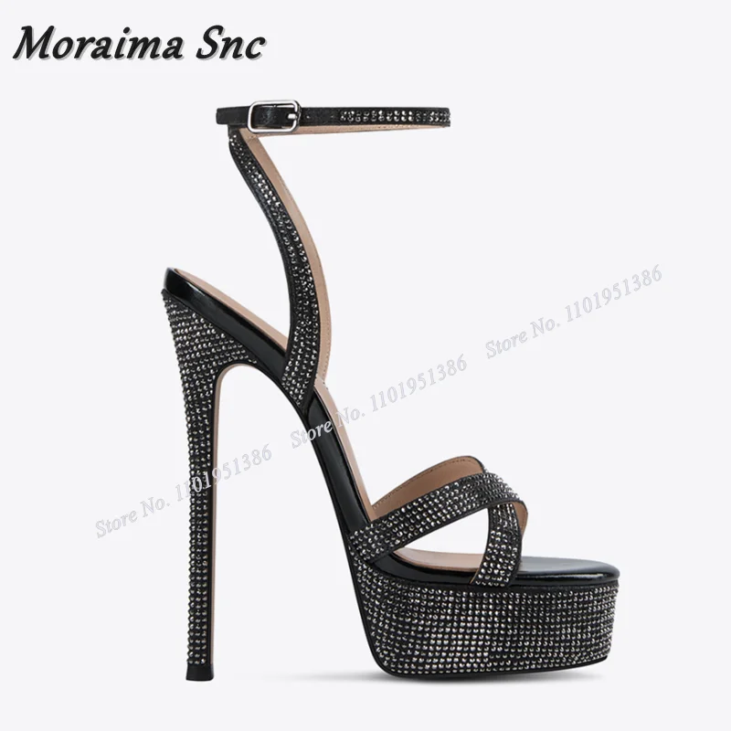 Moraima Snc Silver Platform Crystal Sandals Ankle Buckle High Heels Sandals Women Summer Shoes Fashion Lady Zapatillas Mujer