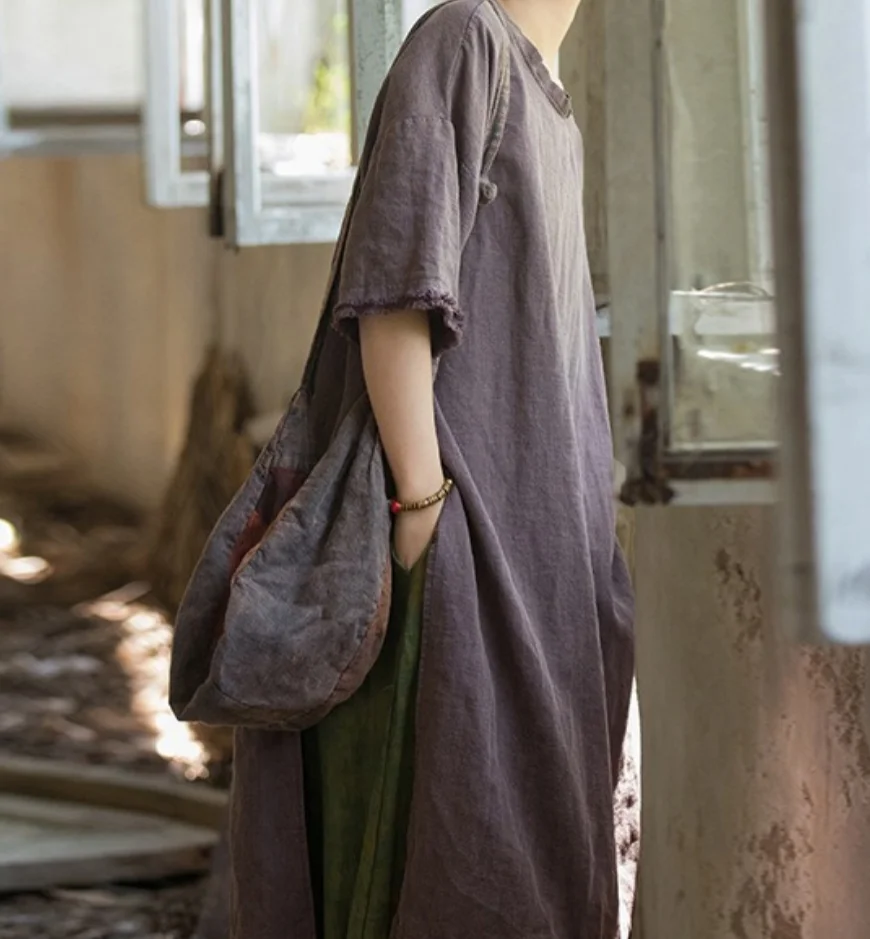 Women Cotton Linen Casual Dress New Arrival 2026 Summer Vintage Style O-neck Plain Color Loose Female Long Dresses