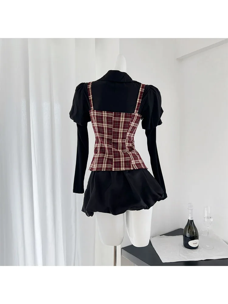 Korean Fashion Outfits 3 Piece Shorts Sets Polo-Neck Shirts Black + Plaid Vest + High Waist Shorts Cozy Gothic 2000s Aesthetic