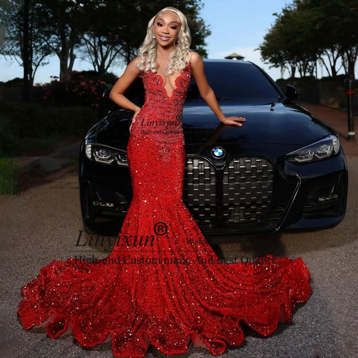 Exquisite Red Sequins Prom Dresses For Black Girls 2024 Sleeveless Crystals Mermaid Party Gowns Evening Dress vestidos de gala