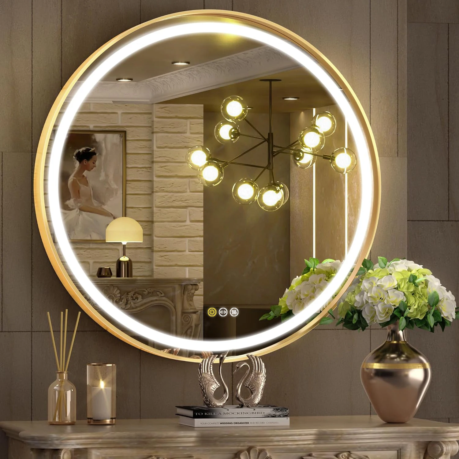 Round LED Illuminated Bathroom Mirror Hanging Wall Vanity Mirror Demister Dimmable Aluminum Fram HD Glass