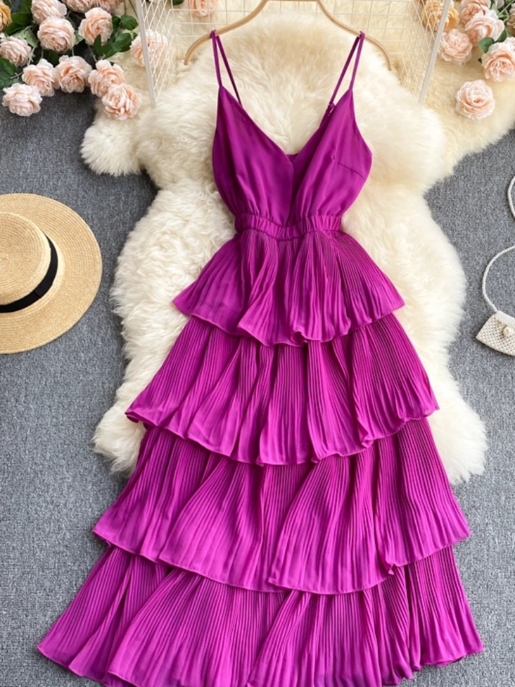 Women Beach Midi Dress 2021 New Summer Sexy V-neck Pleat Layer Ruffled Beach Dresses Ladies Elegant A Line Long Robe Vestido