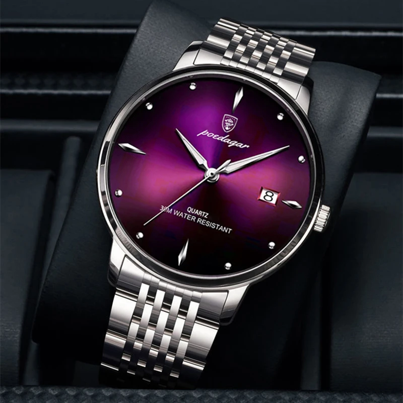 POEDAGAR Purple For Man Watch 3ATM Waterproof Luminous Week Stainless Steel Men Watch Casual Quartz Men\'s Watches Male Clock+box