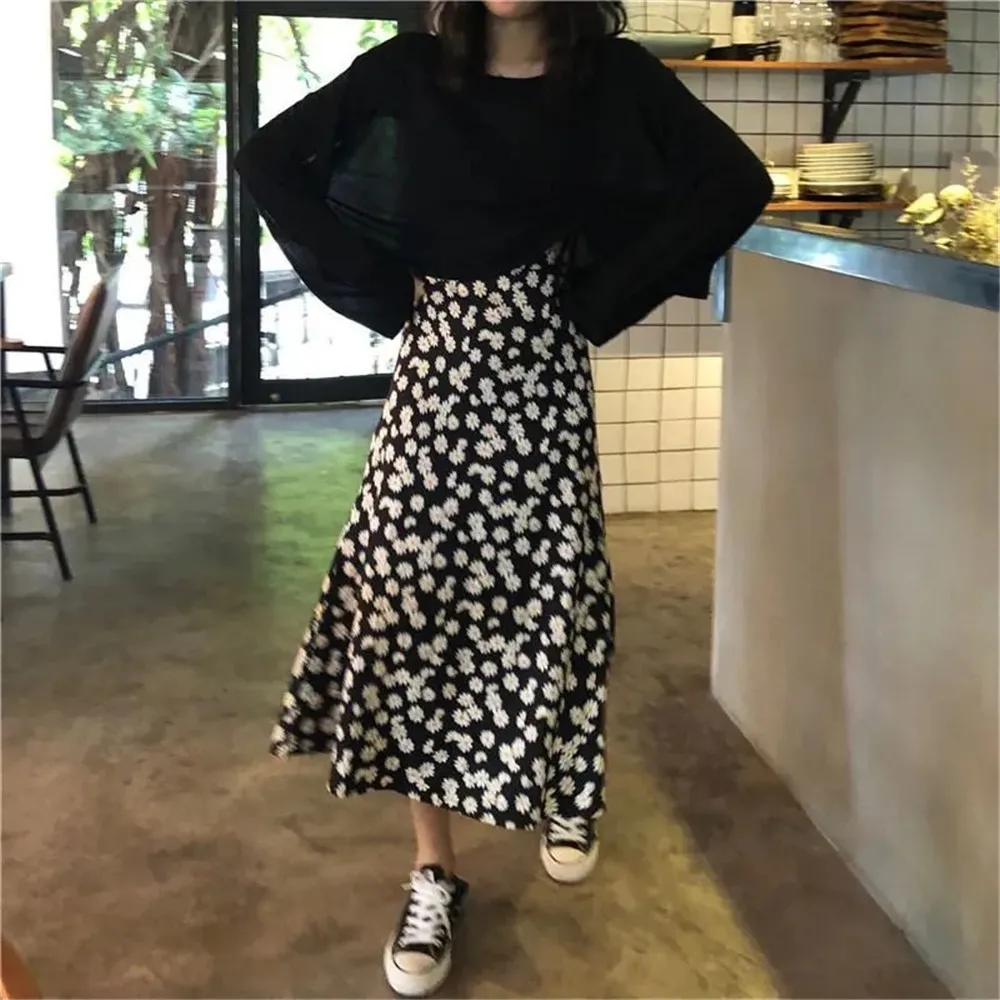 Fresh Daisy Print Half Skirt High Waist Slimming Women Clothing Outdoor Street Versatile A- Line Long Skirts Korean Casual Black