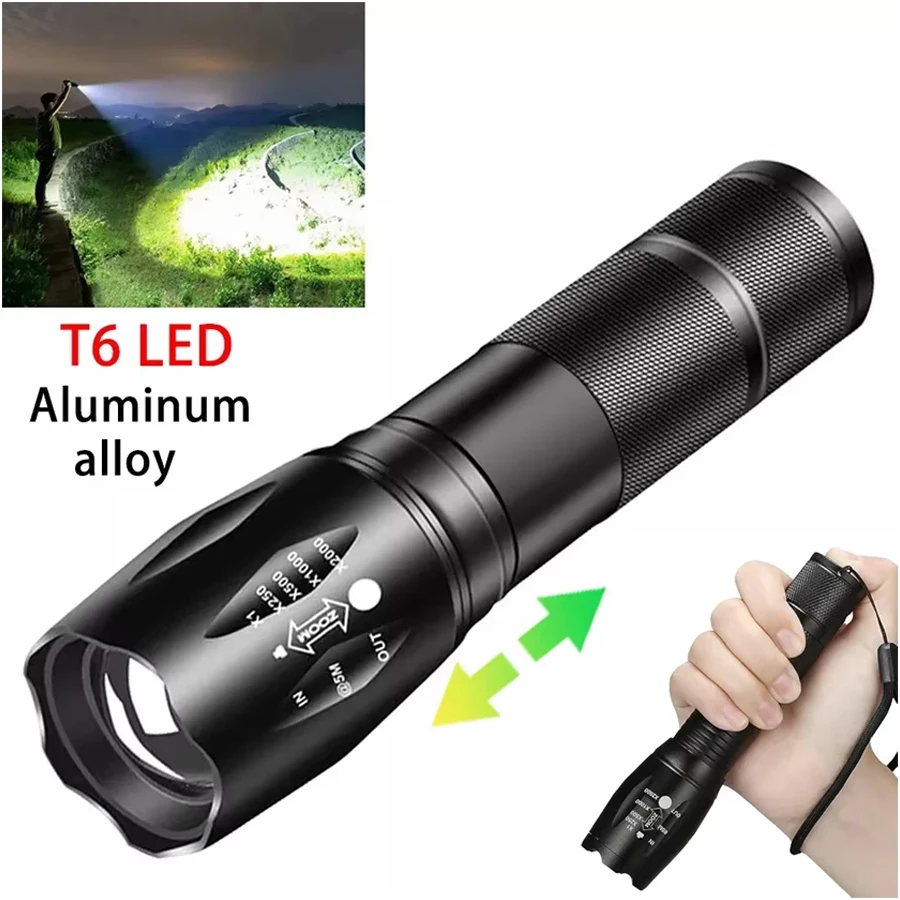 Powerful T6 LED Flashlights Camping Torch 5 Light Modes Zoom Light Aluminum Alloys Waterproof Material External 18650 Battery
