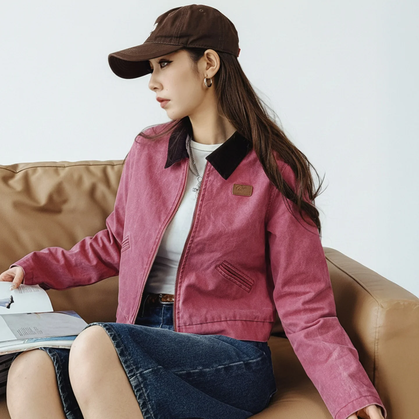 Maden Women's Barn Jacket Contrast Collar Detroit Workwear Short Utility Jacket Casual Vintage Outerwear for Spring Fall