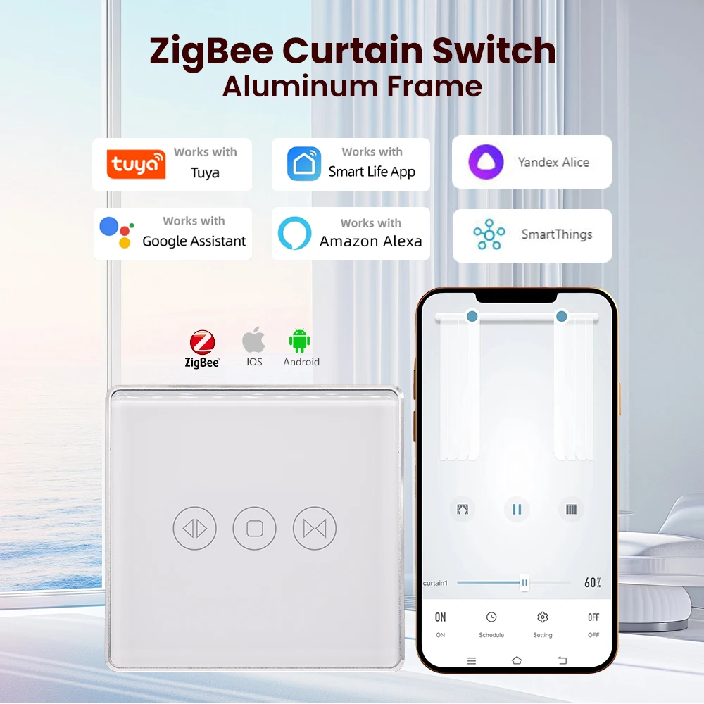 

Выключатель штор ZigBee, серебристый европейский алюминиевый каркас, 2,5D Arc Edge, таймер, расписание, настенный выключатель света, нейтральный провод, умный переключатель