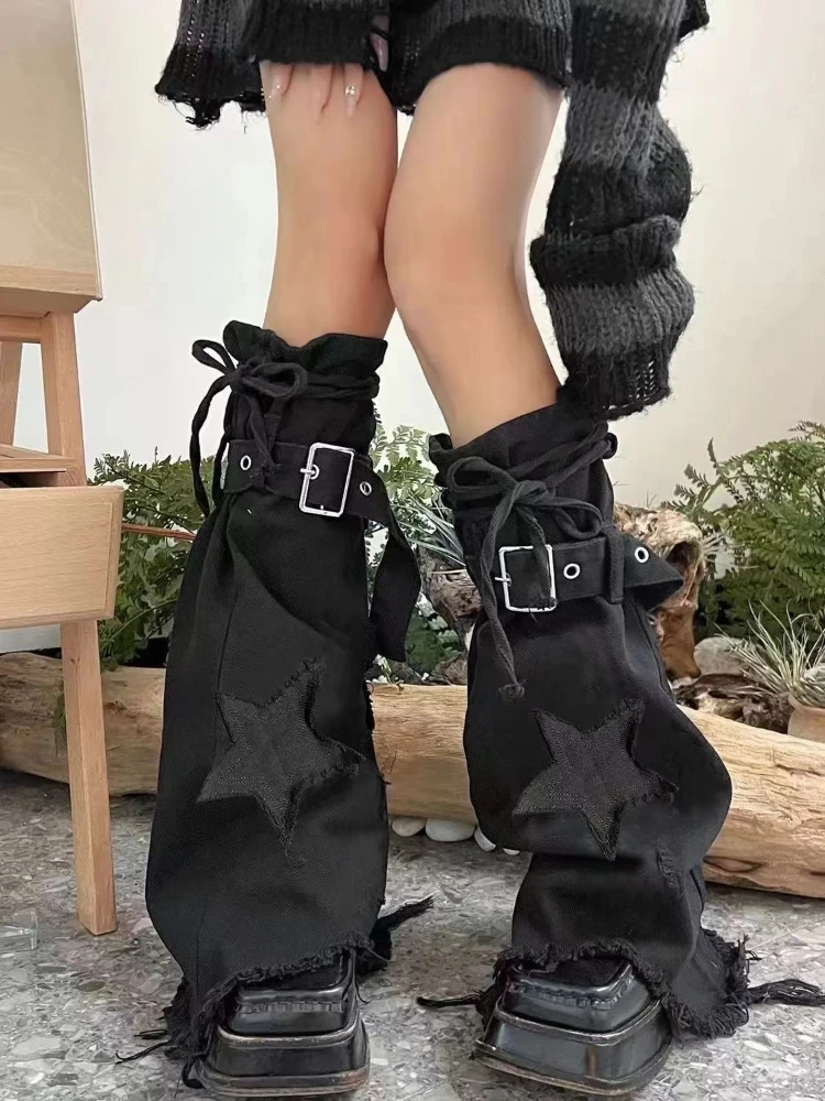 Y2k Gyaru Star Design Black Denim Leg Warmers Stockings Women Fashion Gothic Accessories Drawstring Pile Knee-high Long Socks