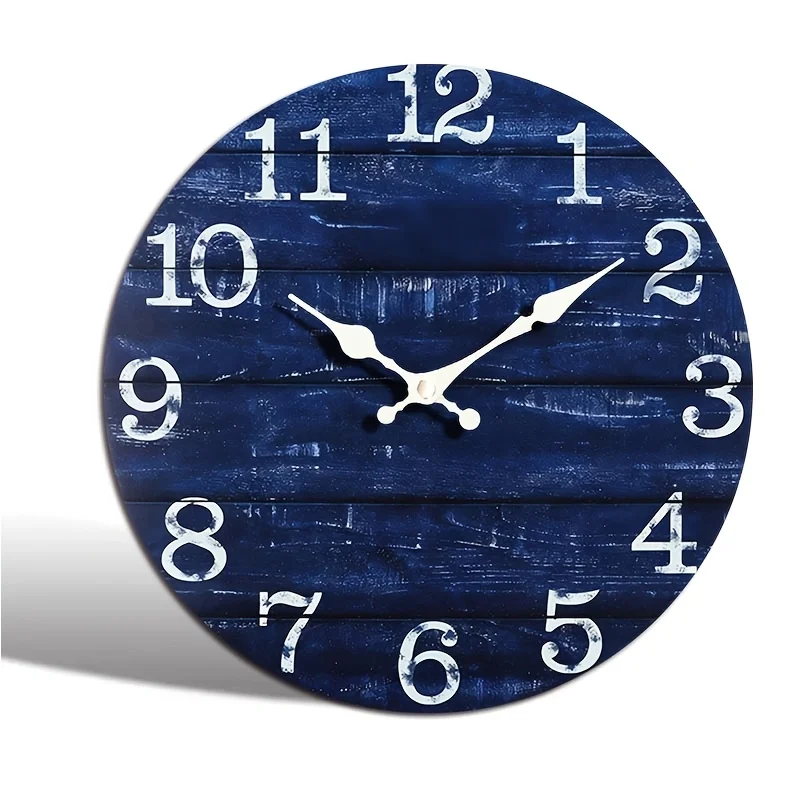 1pc Round Wall Clock, Blue Wood Grain Clock, Easy Style Wall Clock, Silent Non-Ticking Wooden Timepiece, Suitable for Bedroom Living Room Office Kitchen Bathroom, Battery Powered (Battery Not Included)