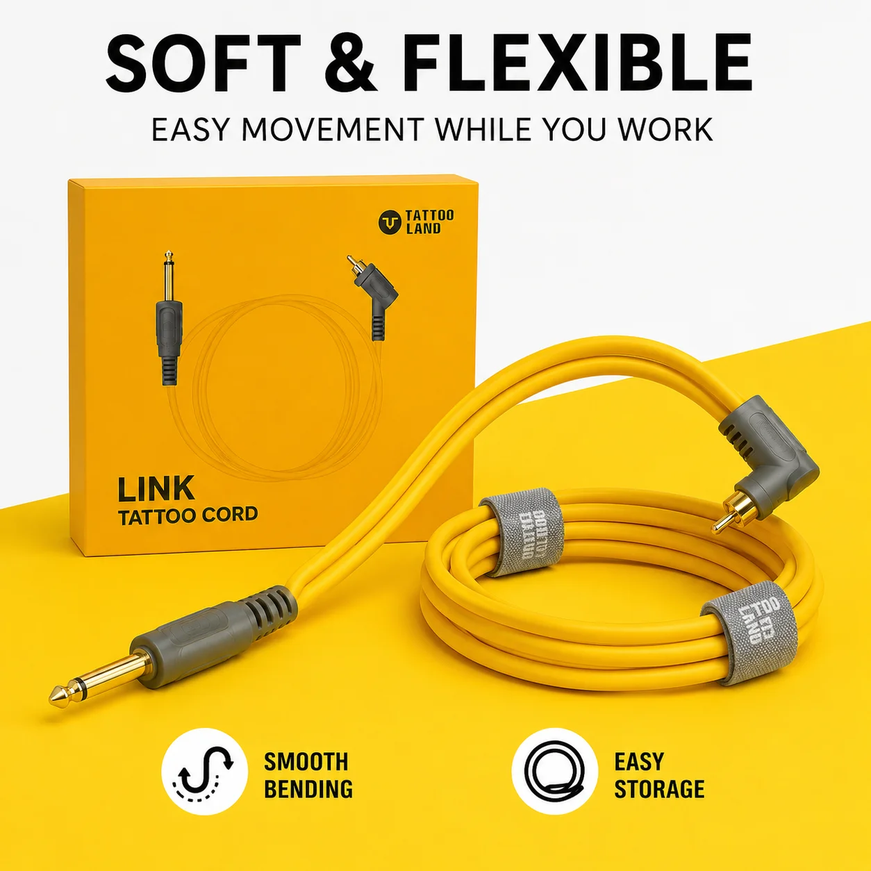 TATTOO LAND Yellow Tattoo RCA Cord 90° RCA Connector Cable with Reinforced Gray Ends and Cable Ties