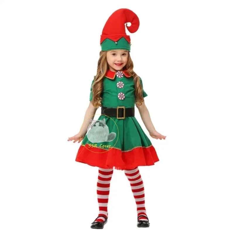 Kids Christmas Santa Claus Costume Green Elf Cosplay Family Carnival Party New Year Fancy Dress Clothes Set Men Women Girls Boys