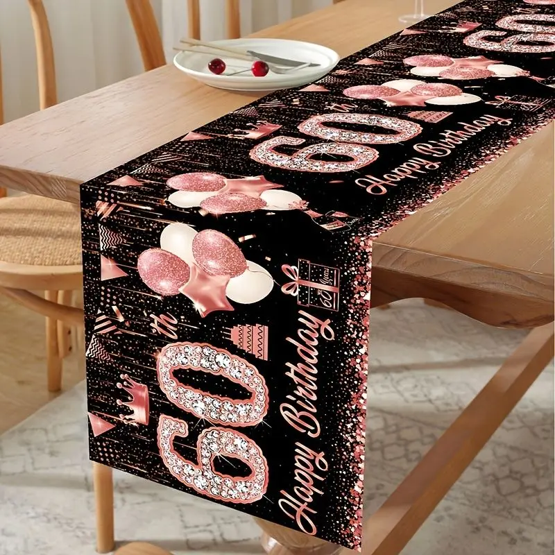 VIKAMA 60th Birthday Table Runner Rose Gold Glitter Pink Balloon Crown Cheers to 60 Years Dining Table Flag Women Sixty Party