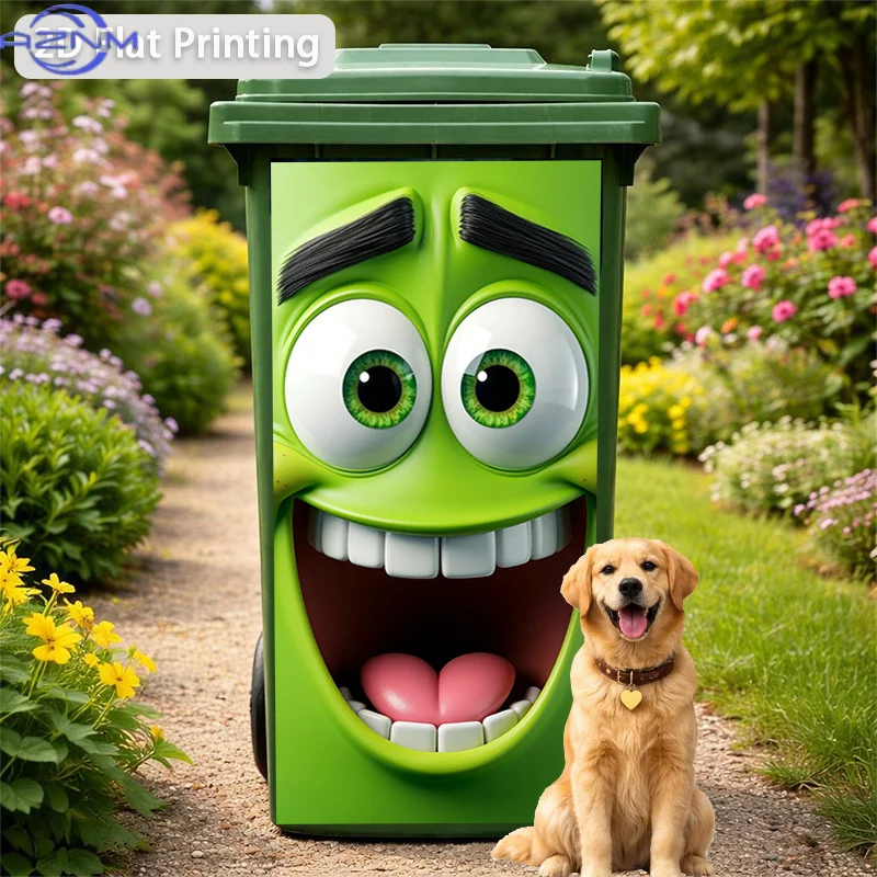 2D Flat Printing 1pc Trash Can Sticker  Green Face Big Eyes Maniacally Laughing Themed Design Self-Adhesive Wall Decal Wallpap