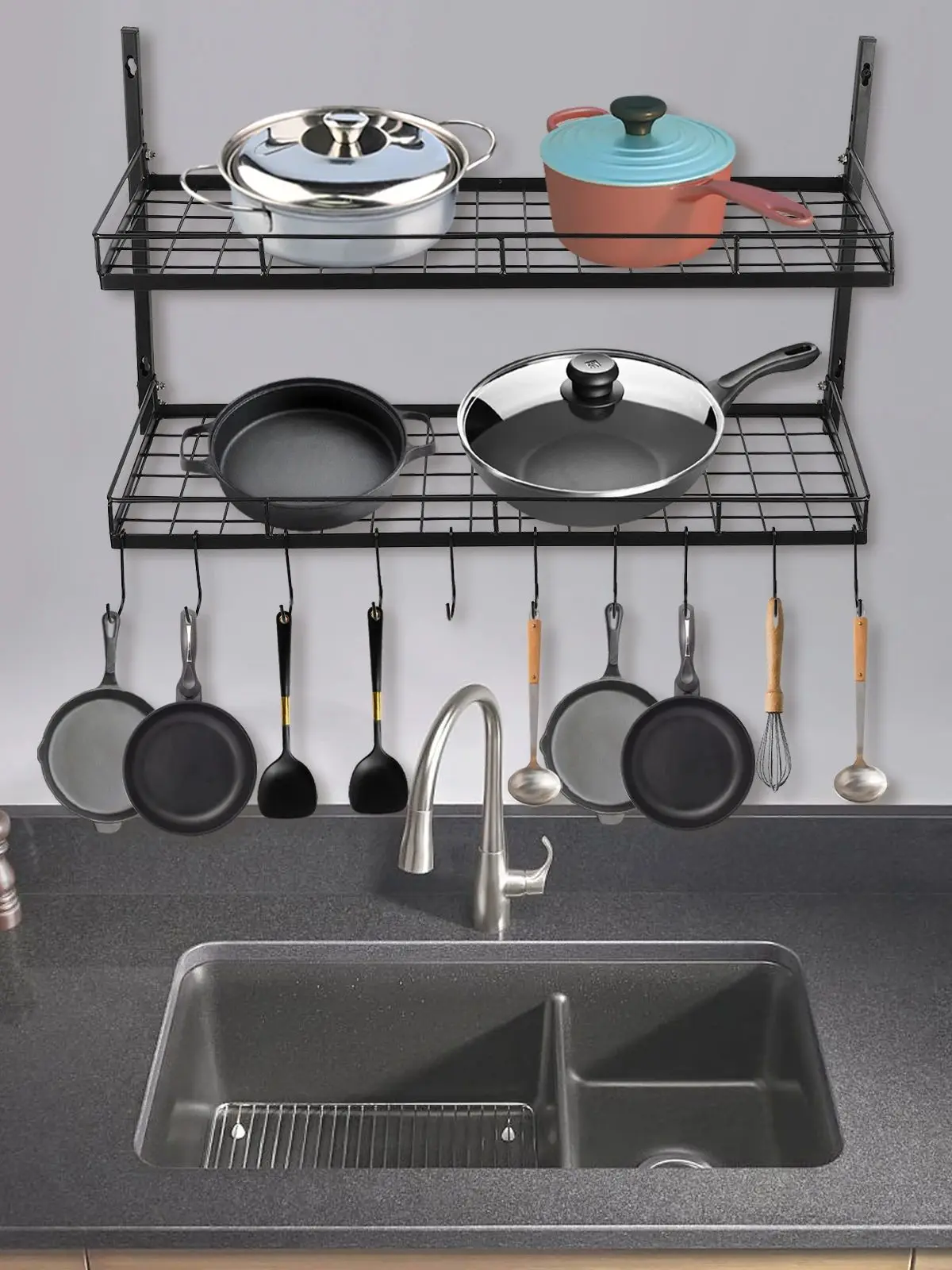 Hanging Pot Rack Wall Mounted 2 Tiers Pot and Pan Hanging Rack with 10 Hooks