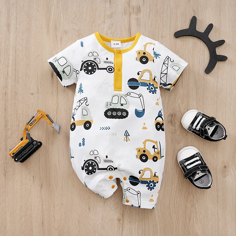 Summer style newborn baby boy girl cute cartoon car full print comfortable short sleeved jumpsuit