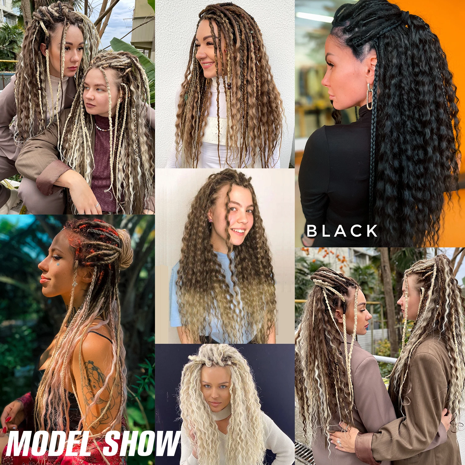 Extensões de Dreadlock Double Ended, Extensões Encaracoladas Sintéticas, Trança Artesanal, Estilo Hippie, Dreads Ondulados Boho, 24"