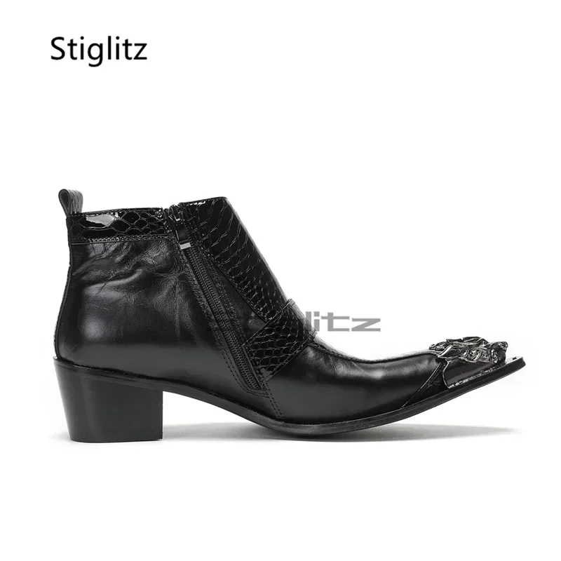 Rhinestone Buckle High Heels Men's Boots Black Genuine Leather Metal Pointed Toe Side Zipper Business Ankle Boots Male Shoes