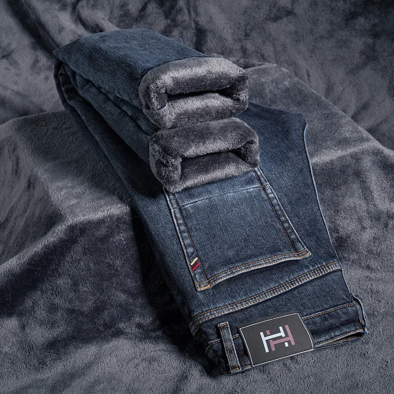 

Winter Thickened Warm Male Plush Trousers Brand Clothes Men's Fleece Jeans Straight Slim Stretch Fashion Business Denim Pants