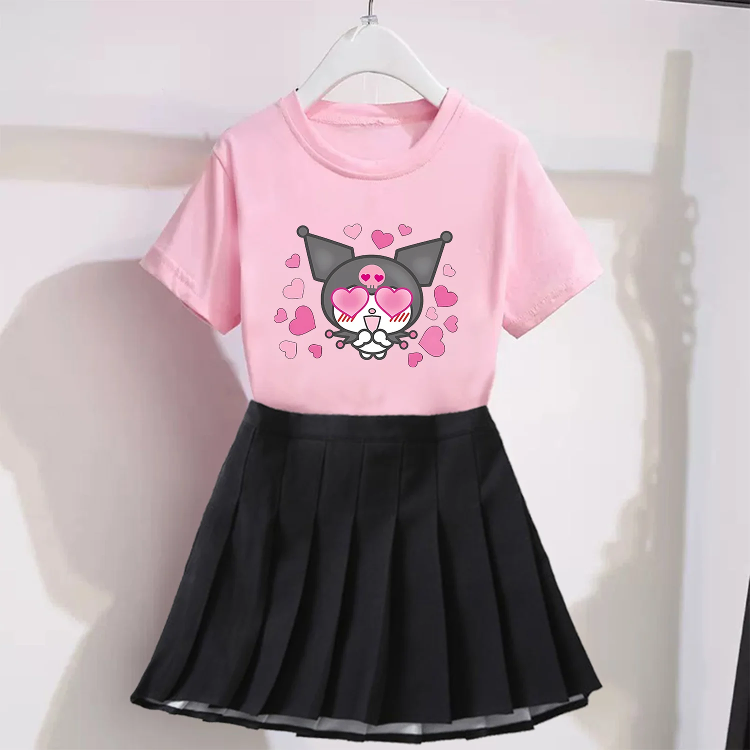 Kuromi T-shirt Pleated Skirt Set for Girls Cute Sanrio Cartoon Clothes Skirt 2pcs Suit Fashion School Spirit Clothing Kids Gift