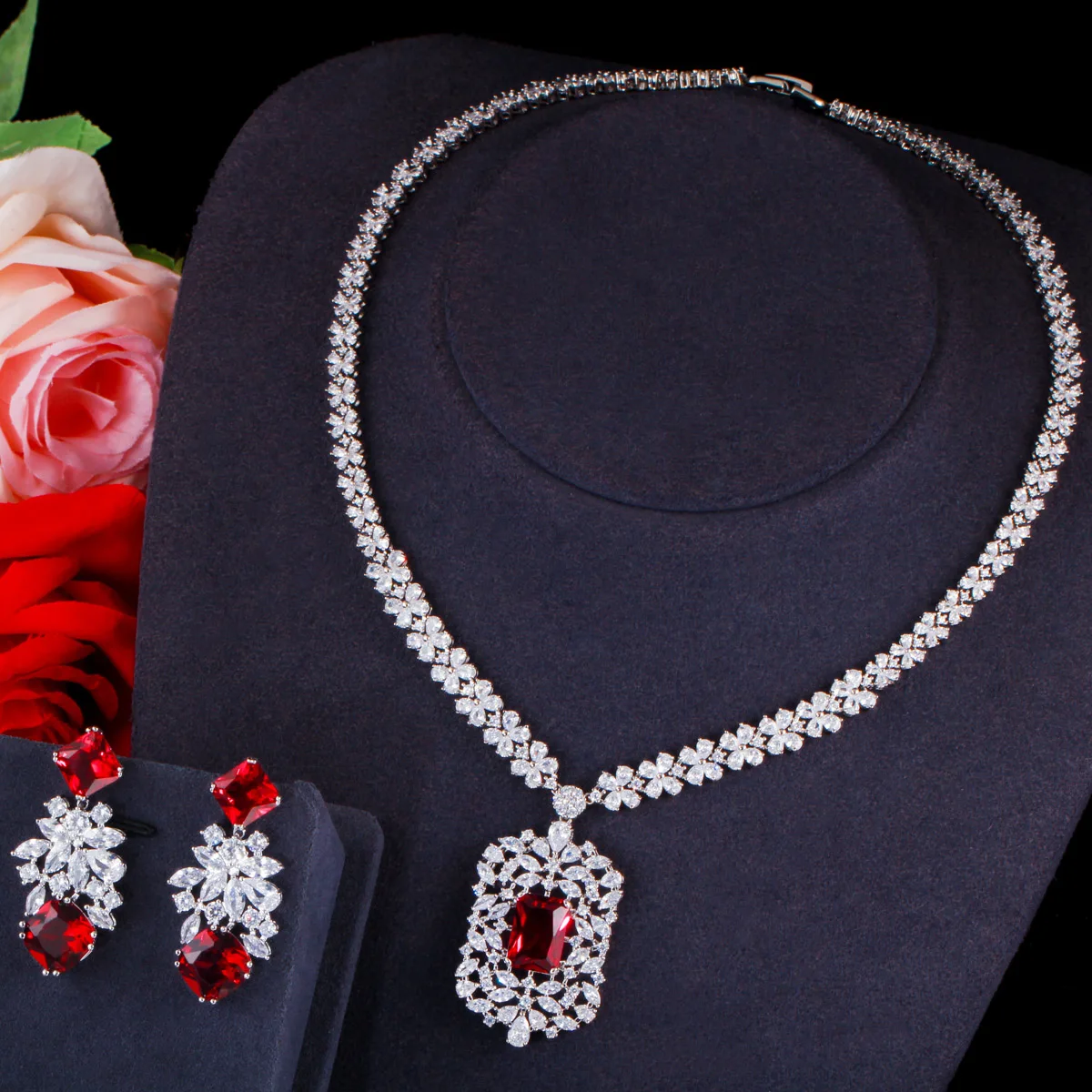 

ThreeGraces Exquisite Red Cubic Zirconia Silver Color Luxury Earrings and Necklace Bridal Wedding Jewelry Set for Women TZ902