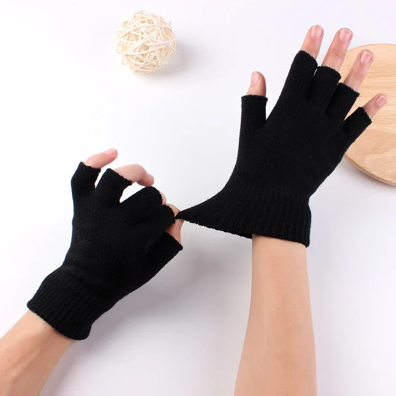 New Fashion Short Gloves Unisex Black Knitted Half Finger Gloves Fingerless Stretch Winter Work Mittens Warm Crochet Wrist Glove