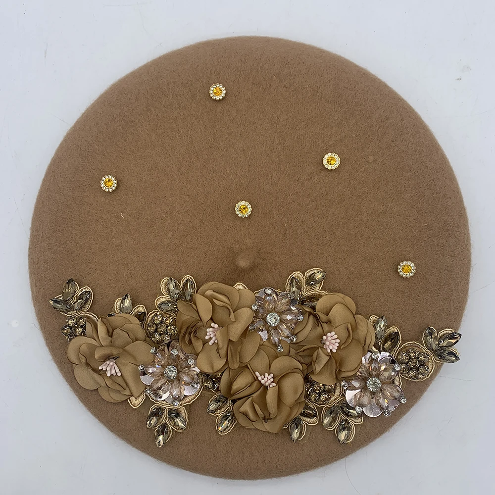 Luxury Rhinestone Bouquet Designer Berets for Women Exaggerated Painter Hat Female Winter Warm Wool Beret Cap Gorras Para Mujer