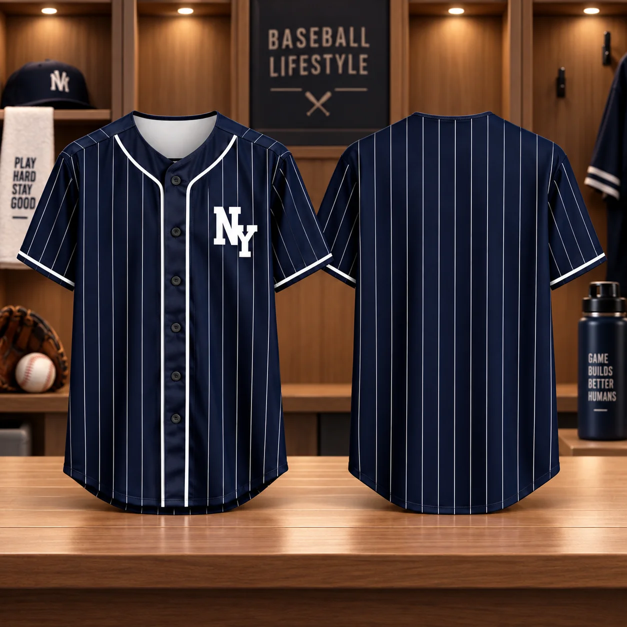 Unisex New York Navy White Pinstripe Baseball Jersey Button Down Short Sleeve Classic Retro Casual Top for Men Women Daily Wear