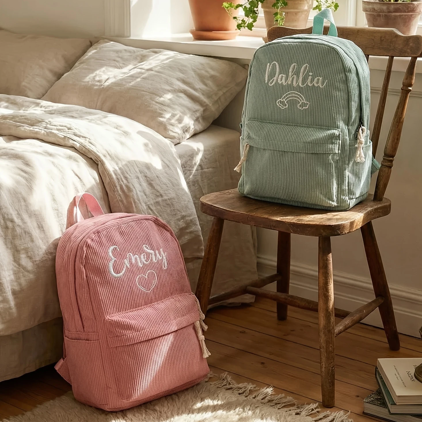1pc Custom Name & Icon Embroidered Corduroy Backpack Soft Kids Kindergarten School Bag Boys Girls Travel Daypack Back To Sc
