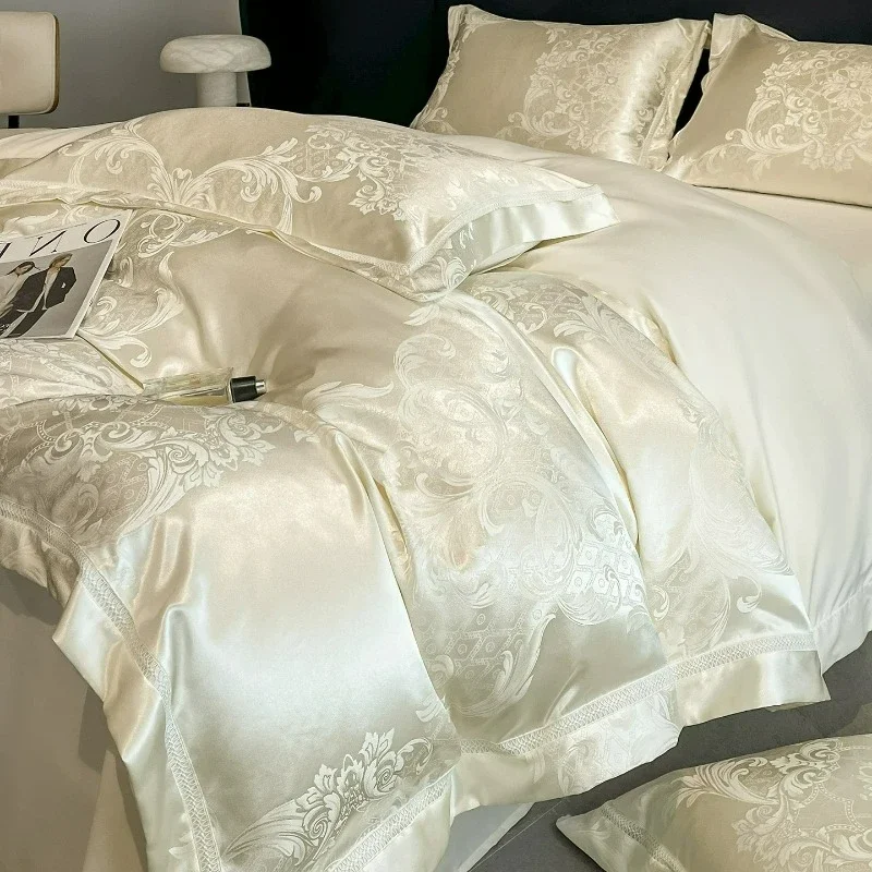 Premium Feel Class A High Count Satin Jacquard 4-piece Set Light Luxury  Quilt Cover Fitted Sheet Ultra Soft Bedding