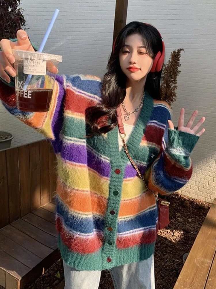 Striped Panelled Cardigan Women Harajuku Colorful Loose Sweet Cute Elegant Casual V-neck Autumn Clothing Sweater Korean Fashion