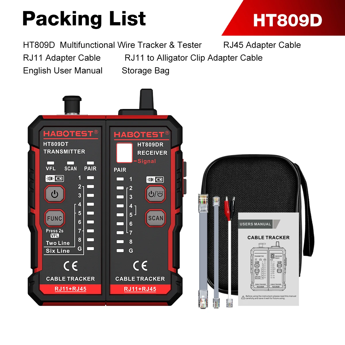 HABOTEST HT809 Multifunctionele Fiber- & Netwerkkabel Toner Kabel Mapping Kabel Tracing Visuele Foutzoeker (VFL) Crimping Test