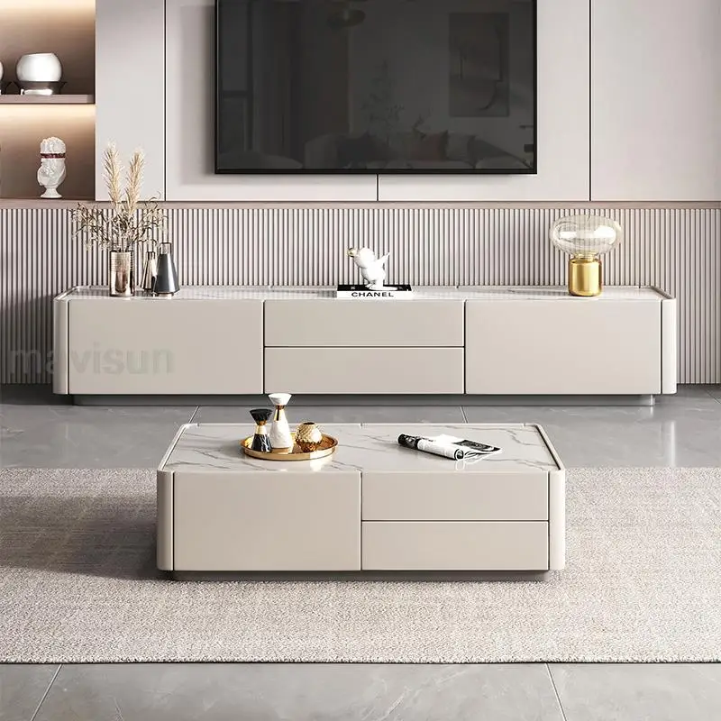 White TV Cabinet Nordic Table Glossy Rock Panel Tabletop Modern Room Center Combination Wooden Mesa Auxiliar Hotel Furniture