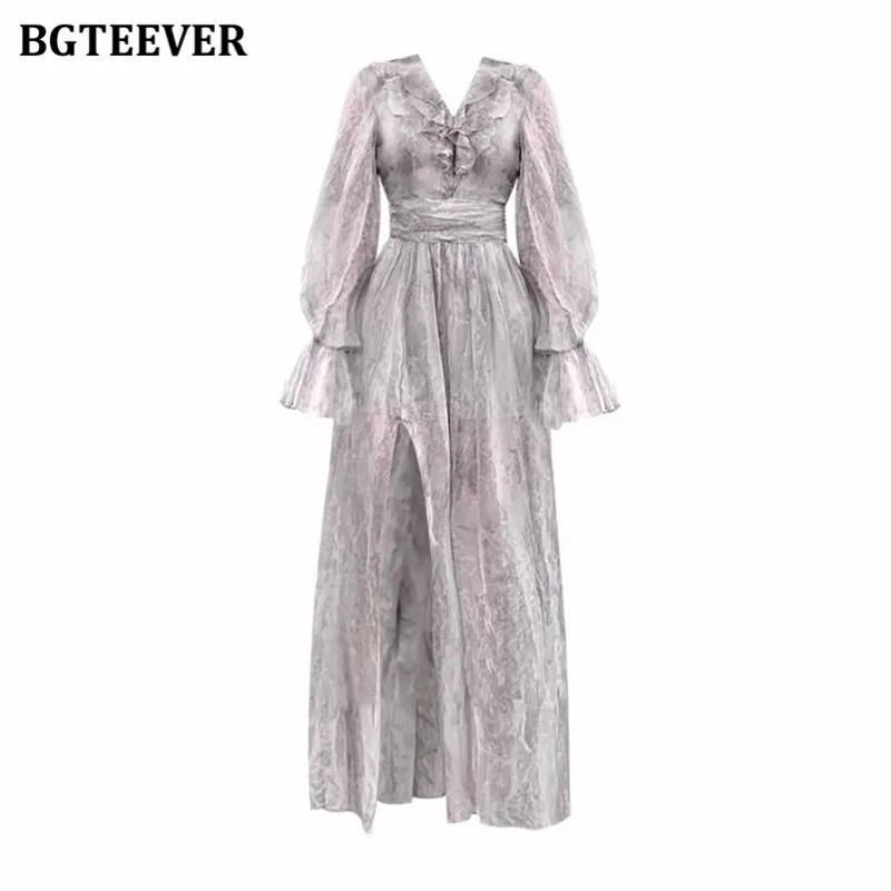 BGTEEVER Vintage Ruffles V-neck Women Floral Dress Elegant Full Sleeve Slim Waist Split A-line Ladies Long Dress Spring Summer