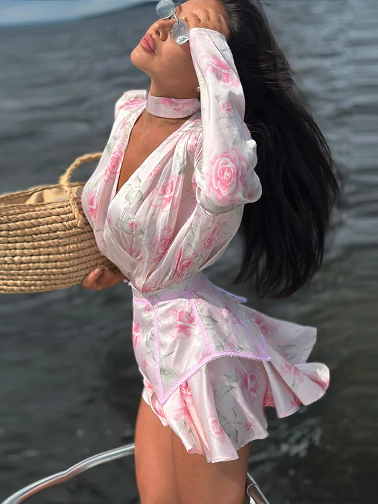 Bedrucktes Minikleid mit tiefem V-Ausschnitt, langen Ärmeln und Taillenband – Sexy Damenkleid mit Puffärmeln und Schleifen – Schicke Damenroben – Detail 17