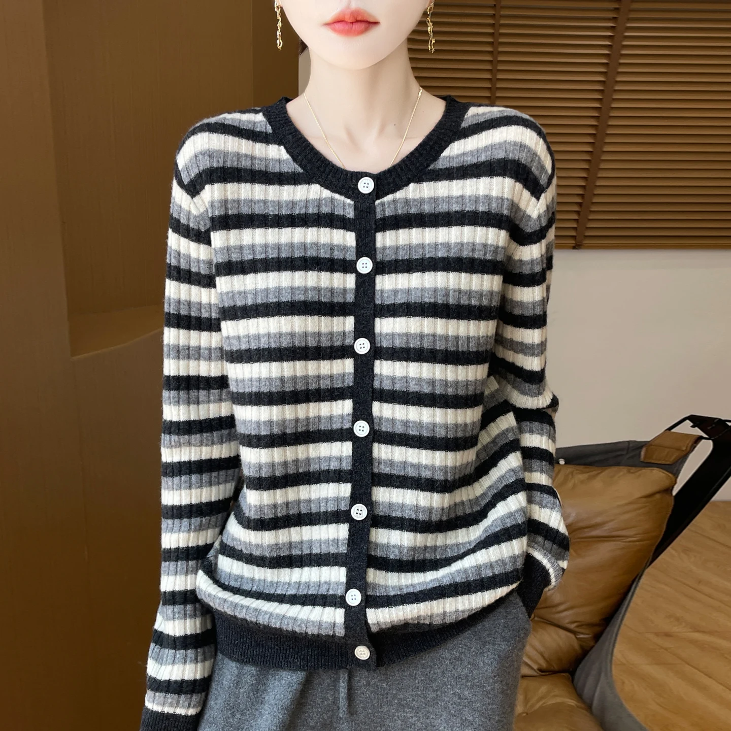 Striped Mock-Neck Cardigan Cashmere Knitwear Autumn Winter Woman 100% Merino Wool Sweater Soft Wool Clothes Tops
