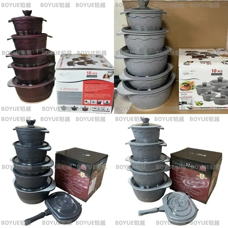 10 Piece Lotus Nonstick Cookware Set Granite Die Cast Maifan Stone Bottom Soup Pot Kitchen Cooking Pots Pans